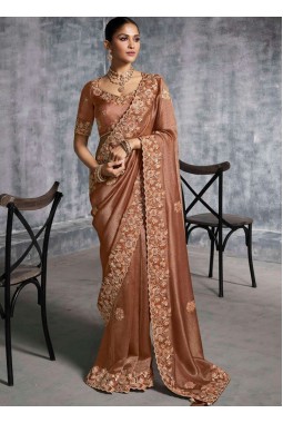 Brown Tissue Zari Embroidered Festive Wear Saree