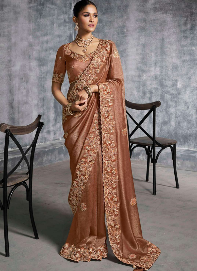 Brown Tissue Zari Embroidered Festive Wear Saree
