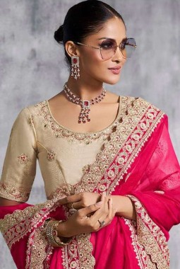 Red Satin Lace Embroidered Festive Wear Saree
