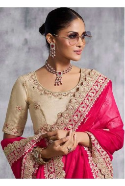 Red Satin Lace Embroidered Festive Wear Saree