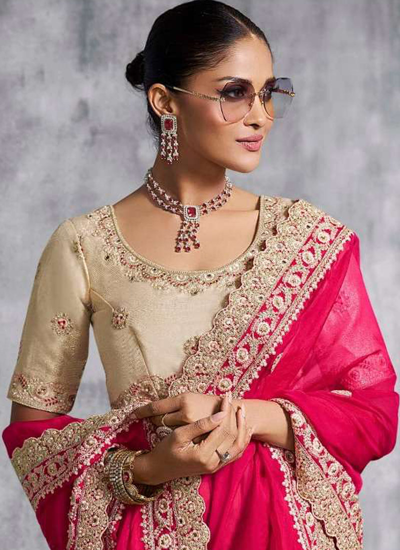 Red Satin Lace Embroidered Festive Wear Saree