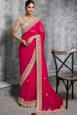 Red Satin Lace Embroidered Festive Wear Saree