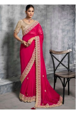 Red Satin Lace Embroidered Festive Wear Saree