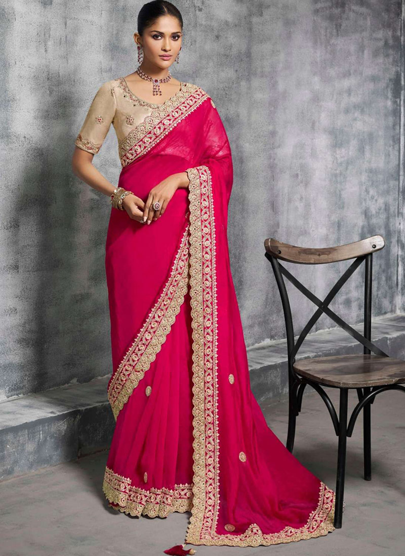Red Satin Lace Embroidered Festive Wear Saree