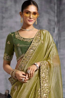 Green Tissue Zari Embroidered Festive Wear Saree