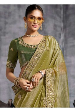 Green Tissue Zari Embroidered Festive Wear Saree
