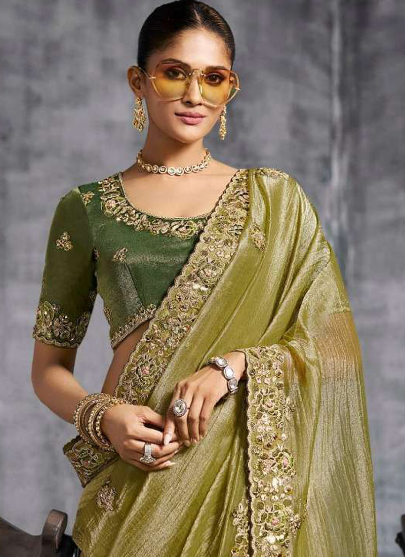 Green Tissue Zari Embroidered Festive Wear Saree