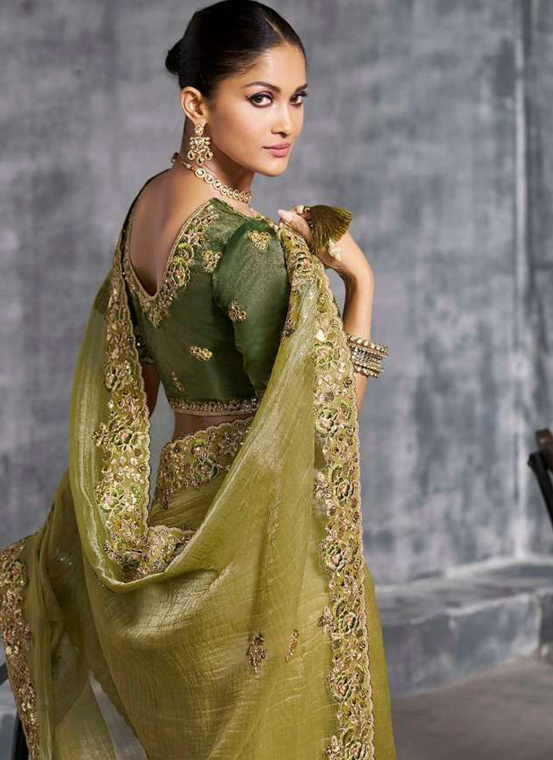 Green Tissue Zari Embroidered Festive Wear Saree