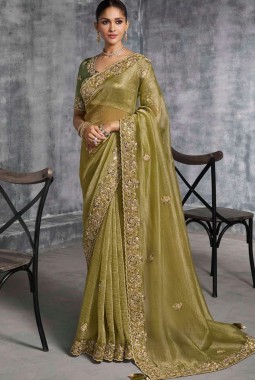 Green Tissue Zari Embroidered Festive Wear Saree