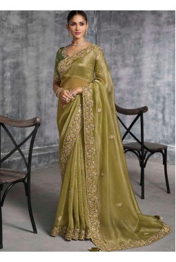 Green Tissue Zari Embroidered Festive Wear Saree