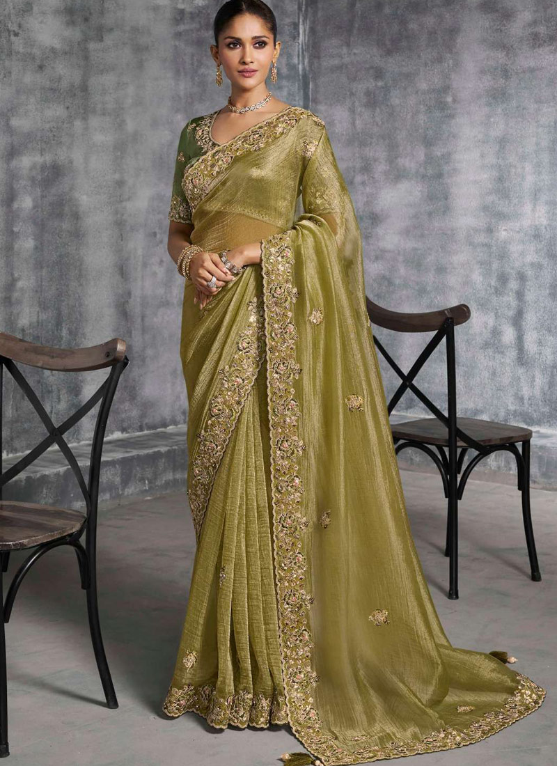 Green Tissue Zari Embroidered Festive Wear Saree