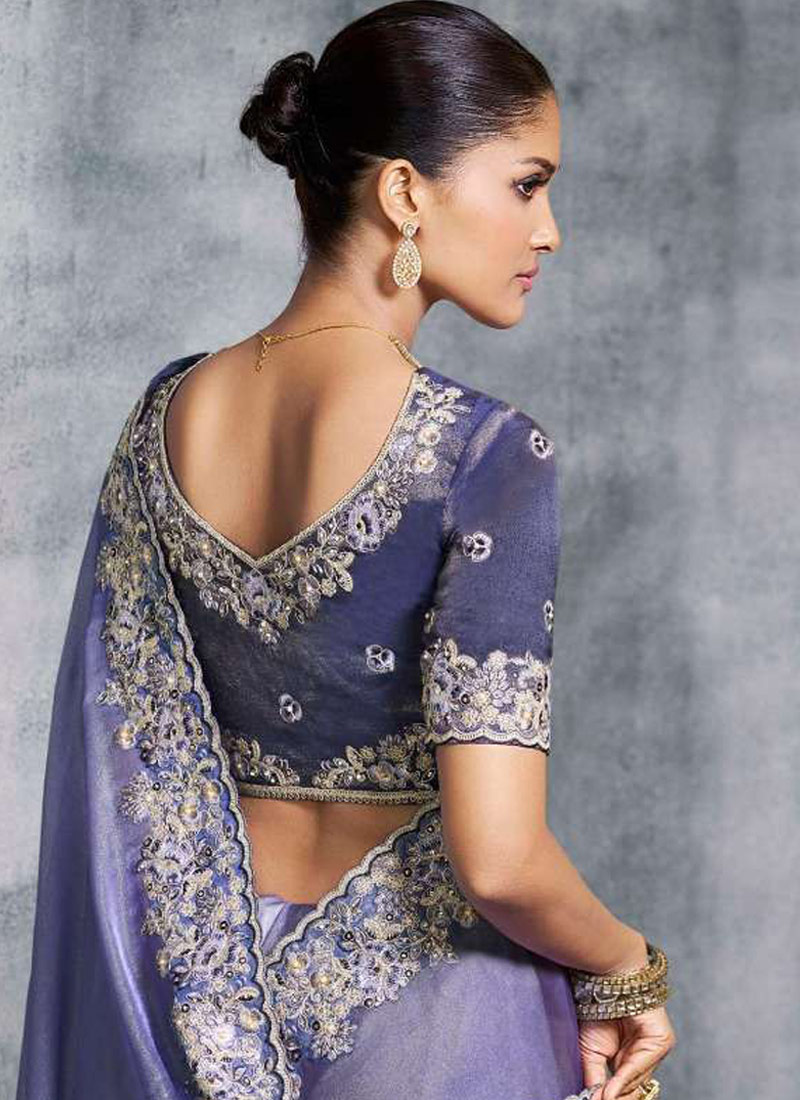 Lavender Tissue Zari Embroidered Festive Wear Saree