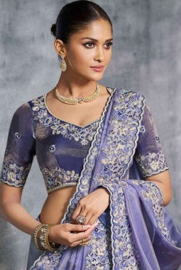 Lavender Tissue Zari Embroidered Festive Wear Saree