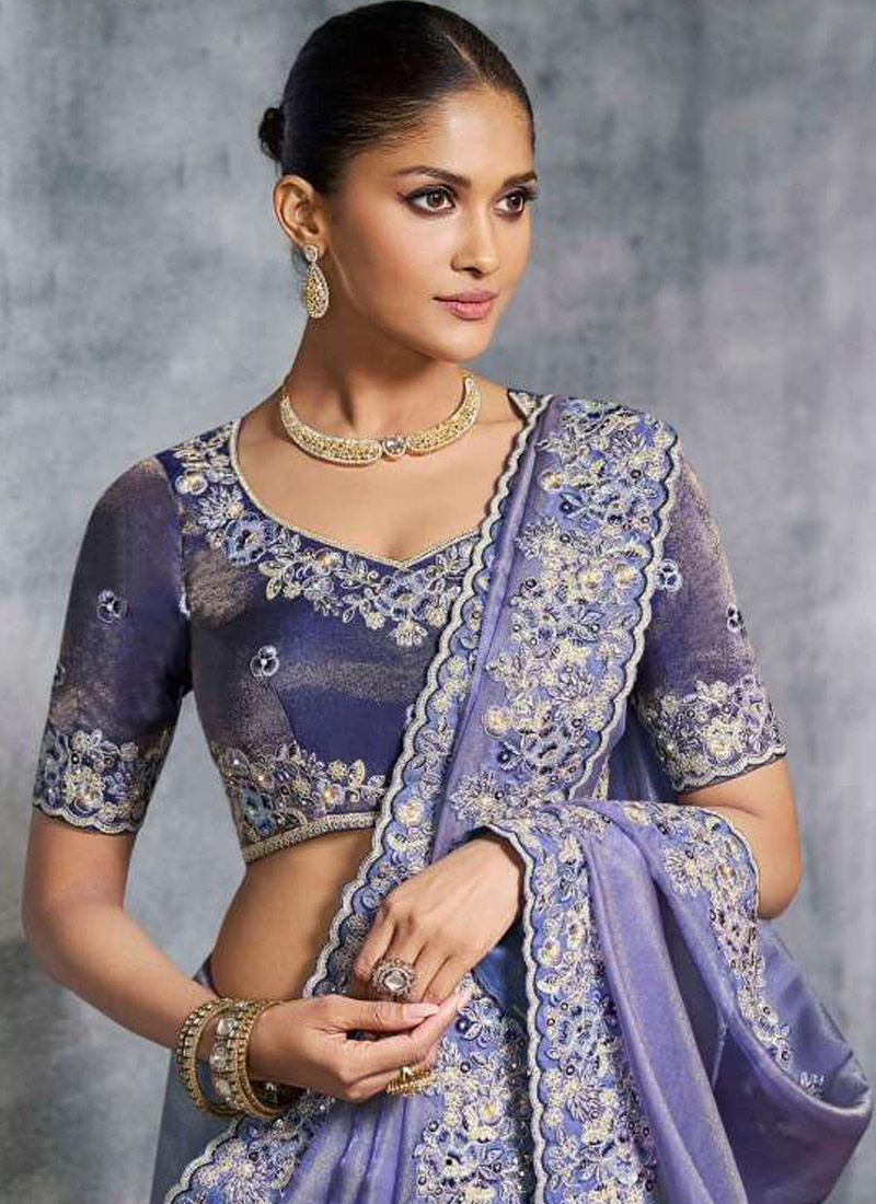 Lavender Tissue Zari Embroidered Festive Wear Saree
