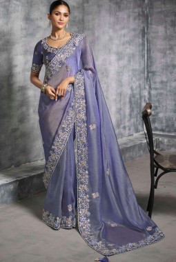 Lavender Tissue Zari Embroidered Festive Wear Saree