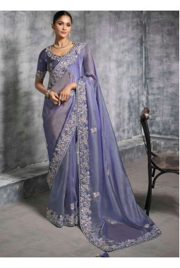 Lavender Tissue Zari Embroidered Festive Wear Saree