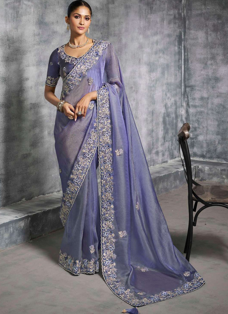 Lavender Tissue Zari Embroidered Festive Wear Saree