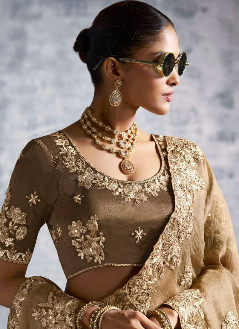 Beige Tissue Zari Embroidered Festive Wear Saree