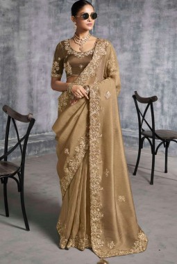 Beige Tissue Zari Embroidered Festive Wear Saree