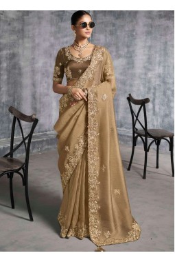 Beige Tissue Zari Embroidered Festive Wear Saree