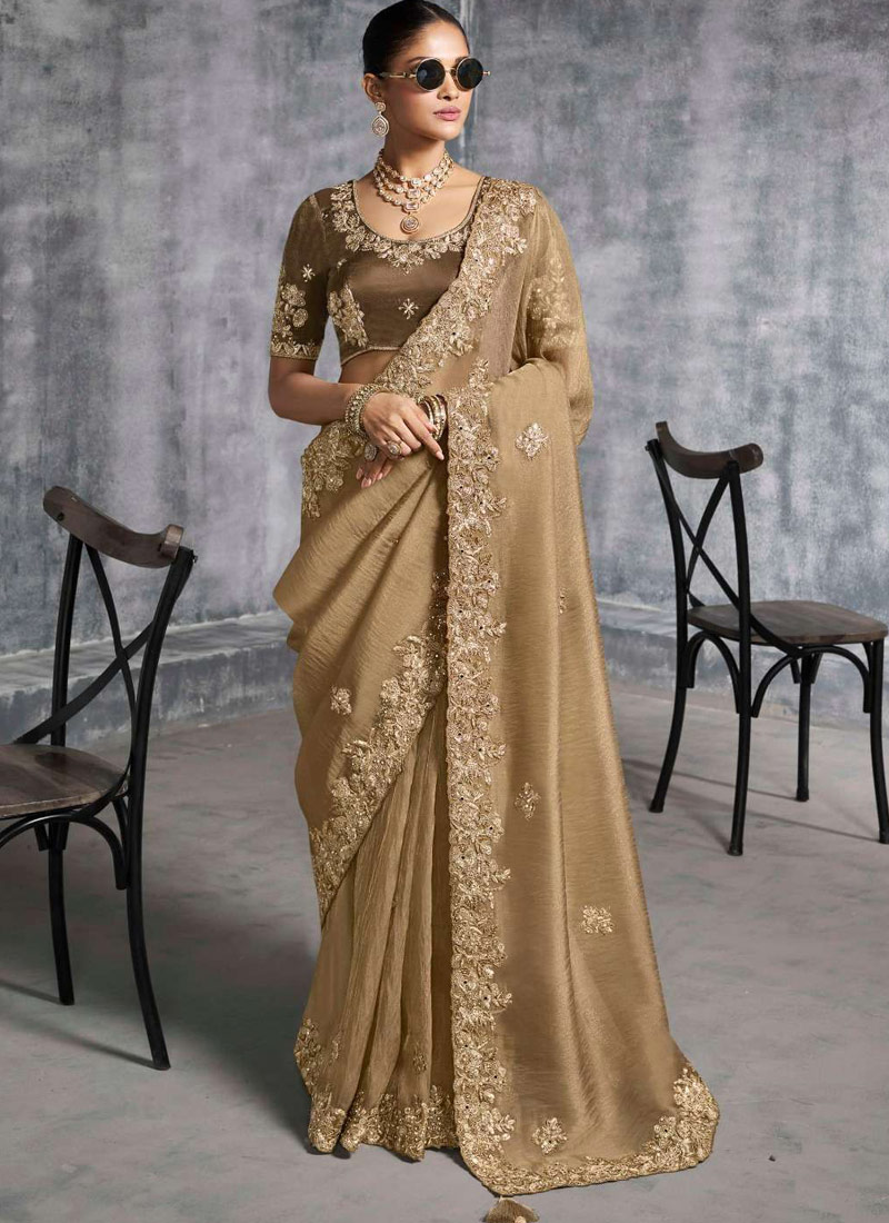Beige Tissue Zari Embroidered Festive Wear Saree