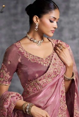 Pink Tissue Zari Embroidered Festive Wear Saree