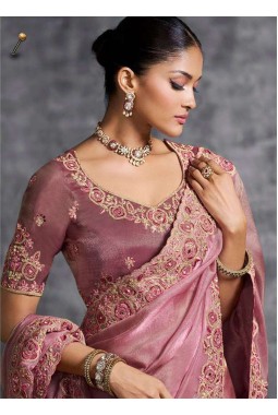 Pink Tissue Zari Embroidered Festive Wear Saree