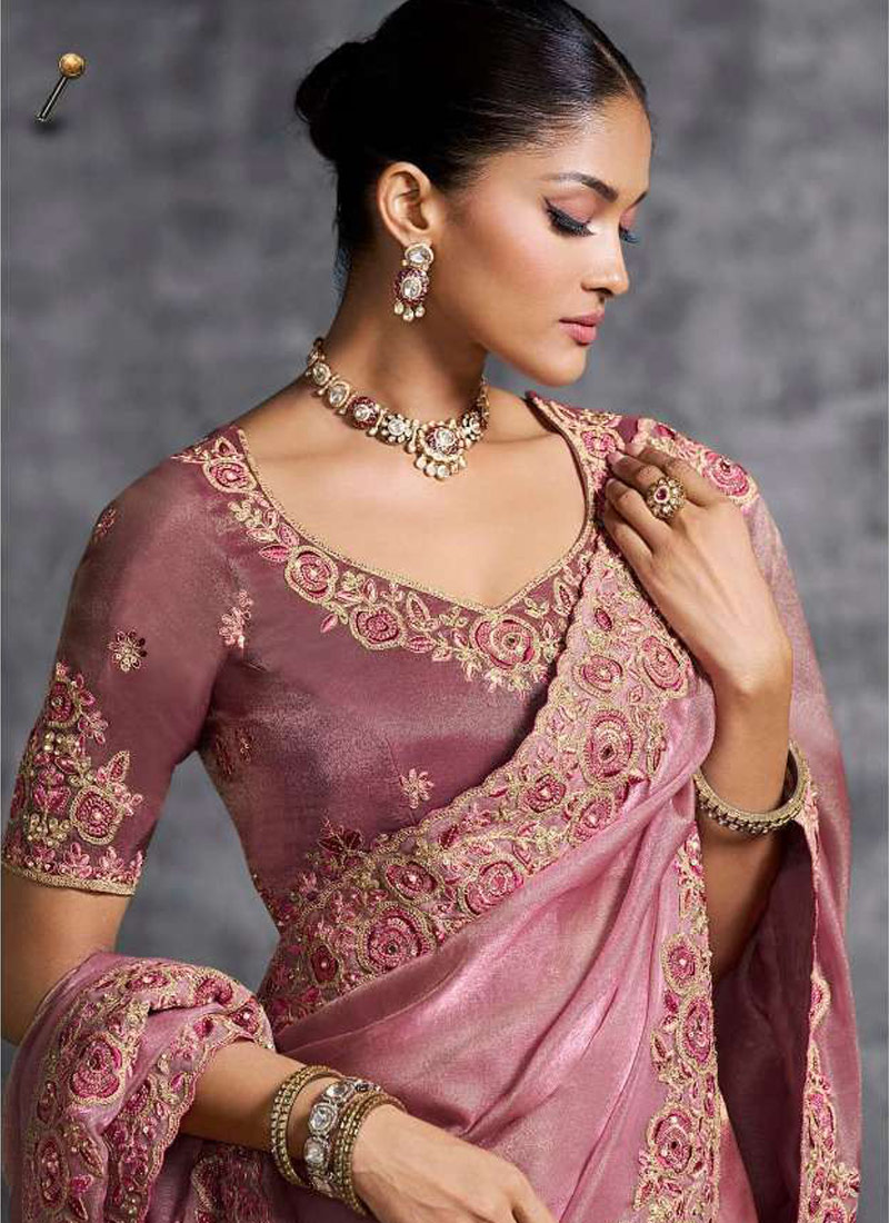 Pink Tissue Zari Embroidered Festive Wear Saree