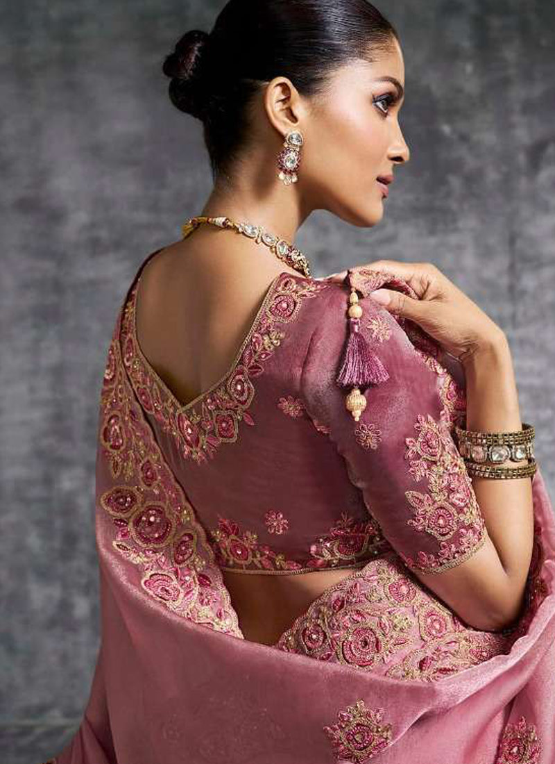 Pink Tissue Zari Embroidered Festive Wear Saree