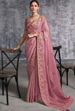 Pink Tissue Zari Embroidered Festive Wear Saree