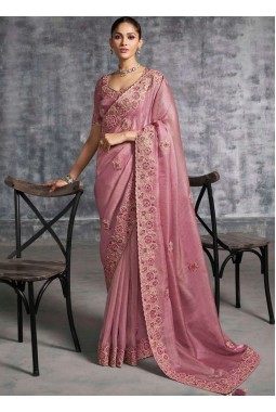 Pink Tissue Zari Embroidered Festive Wear Saree
