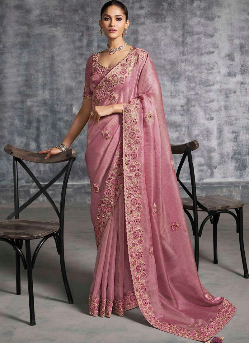 Pink Tissue Zari Embroidered Festive Wear Saree