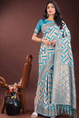 Sea Green Linen Cotton Designer Wear Saree