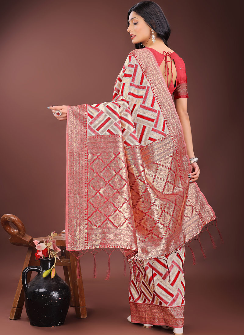 Red Linen Cotton Designer Wear Saree Red Linen Cotton Designer Wear Saree