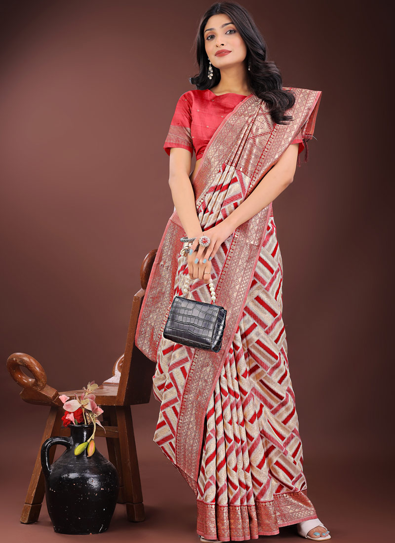 Red Linen Cotton Designer Wear Saree Red Linen Cotton Designer Wear Saree