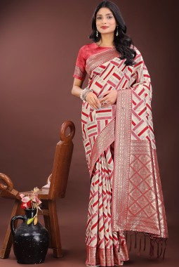 Red Linen Cotton Designer Wear Saree