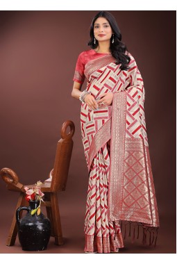Red Linen Cotton Designer Wear Saree