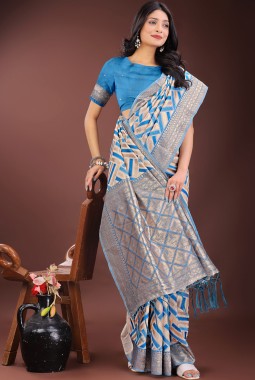 Sky Blue Linen Cotton Designer Wear Saree