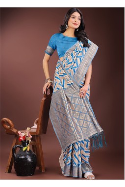 Sky Blue Linen Cotton Designer Wear Saree
