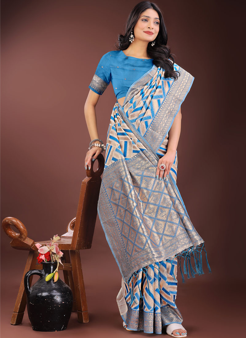 Sky Blue Linen Cotton Designer Wear Saree Sky Blue Linen Cotton Designer Wear Saree