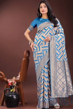 Sky Blue Linen Cotton Designer Wear Saree