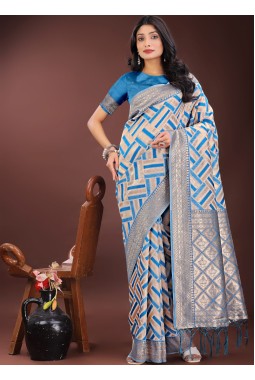 Sky Blue Linen Cotton Designer Wear Saree