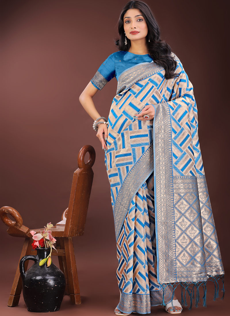 Sky Blue Linen Cotton Designer Wear Saree Sky Blue Linen Cotton Designer Wear Saree