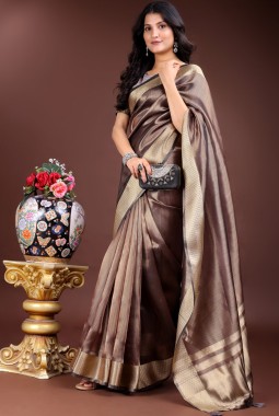 Brown Organza Festive Wear Saree