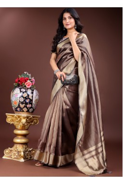 Brown Organza Festive Wear Saree