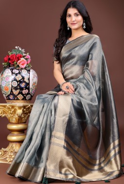Silver Organza Festive Wear Saree