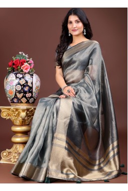 Silver Organza Festive Wear Saree