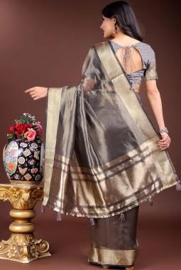 Grey Organza Festive Wear Saree