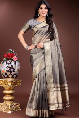 Grey Organza Festive Wear Saree