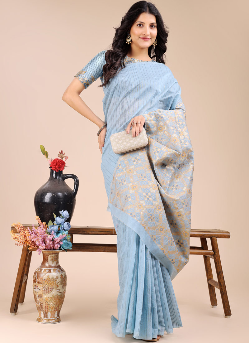 Sky Blue Cotton Daily Wear Saree Sky Blue Cotton Daily Wear Saree